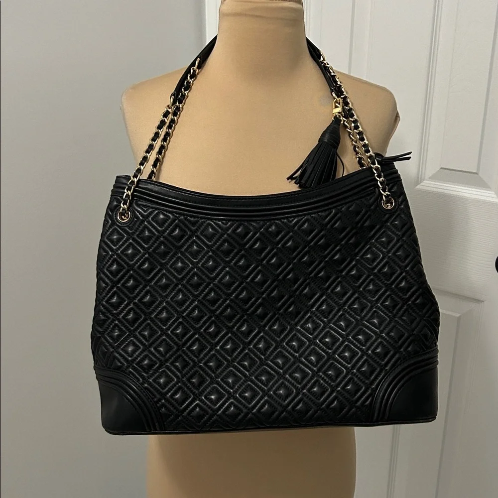 Tory Burch Fleming Black Leather Quilted Tote Bag